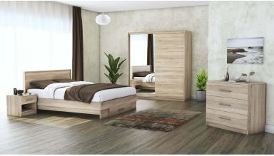 Set dormitor Beta, sonoma, dulap 183 cm, pat 140×200 cm, 2 noptiere, comoda