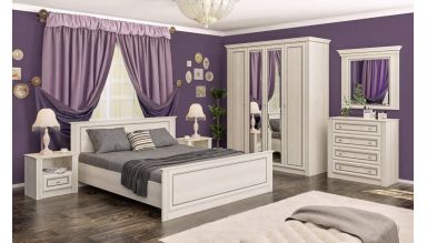 Set dormitor Bristol, alb murdar, dulap 200 cm, pat 160×200 cm, 2 noptiere, comoda