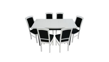 Set masa extensibila 120x150 cm cu 6 scaune tapitate, mb-13 max5 p si s-38 nilo4 b22, bialy/czarny, lemn masiv de fag, stofa