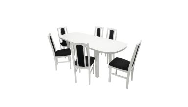 Set masa extensibila 160 x 200 cm cu 6 scaune tapitate, mb-12 venus1 si s-37 boss7 b22, bialy, lemn masiv de fag, stofa