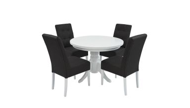Set masa fixa 100 cm cu 4 scaune tapitate, mb-80 si sonia, alb/negru, lemn masiv, piele ecologica