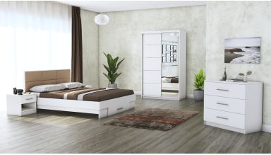 Dormitor Solano, alb, dulap 120 cm, pat cu tablie tapitata camel 160x200 cm, 2 noptiere, comoda