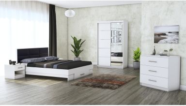 Dormitor solano, alb, dulap 120 cm, pat cu tablie tapitata negru 140x200 cm, 2 noptiere, comoda