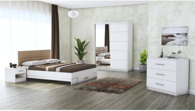 Dormitor Solano, alb, dulap 150 cm, pat cu tablie tapitata camel 140x200 cm, 2 noptiere, comoda