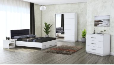 Dormitor Solano, alb, dulap 150 cm, pat cu tablie tapitata negru 160x200 cm, 2 noptiere, comoda