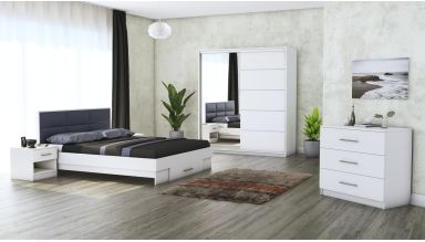 Dormitor solano, alb, dulap 183 cm, pat cu tablie tapitata gri 140×200 cm, 2 noptiere, comoda