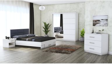 Dormitor Solano, alb, dulap 183 cm, pat cu tablie tapitata gri 160×200 cm, 2 noptiere, comoda