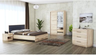 Dormitor Solano, sonoma, dulap 120 cm, pat cu tablie tapitata gri 140×200 cm, 2 noptiere, comoda