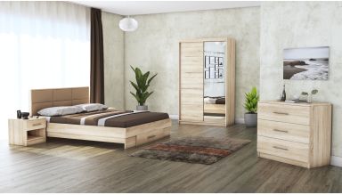 Dormitor Solano, sonoma, dulap 120 cm, pat cu tablie tapitata camel 160×200 cm, 2 noptiere, comoda