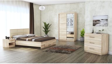 Dormitor Solano, sonoma, dulap 120 cm, pat cu tablie tapitata crem 140×200 cm, 2 noptiere, comoda