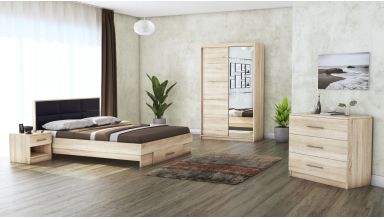 Dormitor Solano, sonoma, dulap 120 cm, pat cu tablie tapitata negru 140×200 cm, 2 noptiere, comoda