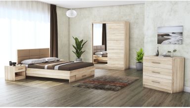 Dormitor Solano, sonoma, dulap 150 cm, pat cu tablie tapitata camel 140×200 cm, 2 noptiere, comoda