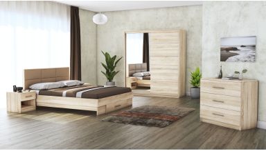 Dormitor Solano, sonoma, dulap 183 cm, pat cu tablie tapitata camel 140×200 cm, 2 noptiere, comoda
