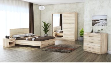 Dormitor Solano, sonoma, dulap 183 cm, pat cu tablie tapitata crem 140×200 cm, 2 noptiere, comoda