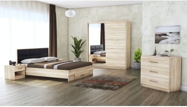 Dormitor Solano, sonoma, dulap 183 cm, pat cu tablie tapitata negru 140×200 cm, 2 noptiere, comoda