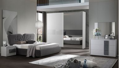 Dormitor Bloosom, alb, pat 160x190 cm, dulap cu 2 usi culisante, 2 noptiere, comoda