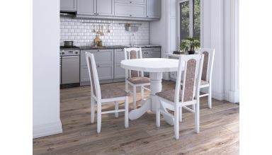 Set masa extensibila Kan 100x135 cm, lemn masiv, culoare alb, blat din mdf cu 4 scaune tapitate S-37 Boss7 18a, stofa