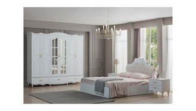 Dormitor Akasya, alb/crem, mdf/pal, pat 180×200, dulap cu 6 usi, 2 comode, 2 noptiere