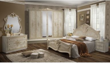 Dormitor Amalfi, bej, pat 160x200 cm, dulap cu 6 usi, comoda, 2 noptiere