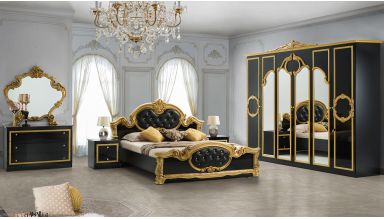 Dormitor Barocco Nero, negru/auriu, pat 160x200 cm, dulap cu 6 usi, comoda, 2 noptiere