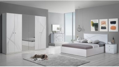 Dormitor matrix, alb lucios, pat 160x200, comoda, dulap, noptiere
