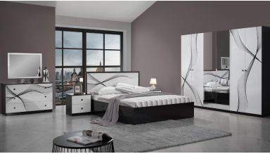 Dormitor Matrix, alb/negru lucios, pat 160x200 cm, dulap 260 cm, comoda, 2 noptiere