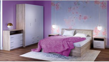Dormitor Stellan sonoma/alb cu pat cu tablie tapitat