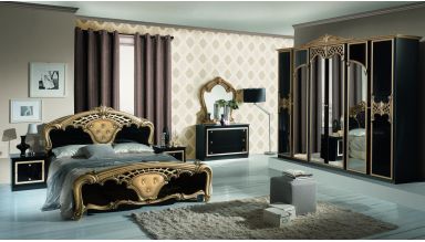 Dormitor Eva Nero, negru/auriu, pat 160x200 cm, dulap cu 6 usi, comoda, 2 noptiere