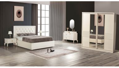 Dormitor Malta, alb, pat 160 x 200 cm, dulap cu 2 usi, 2 noptiere, comoda