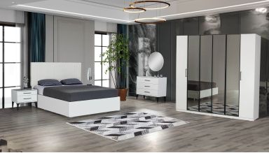 Dormitor Licia, alb, pat 160 x 200 cm, dulap cu 6 usi, 2 noptiere, comoda