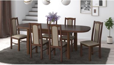 Set masa extensibila 160 x 200 cm cu 6 scaune tapitate, mb-12 venus 1 si s-37, nuc, lemn masiv de fag, stofa