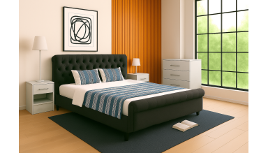 Pat 9036, 160x200, tapitat, Negru, cu 2 noptiere si comoda