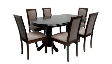 Set masa extensibila jork 160-200 cm, lemn masiv wenge, cu 8 scaune tapitate nuc, Roma 4 O 25b