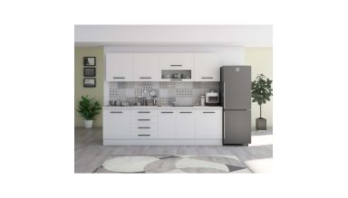 Bucatarie Alfa 260, Cu vitrina, Alb, Blat termic alb