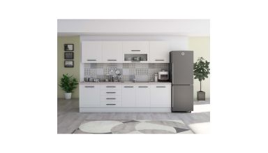 Bucatarie Alfa 260, Cu vitrina, Alb lucios, Blat termic travertin