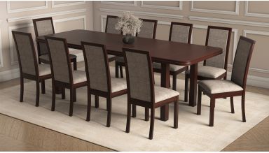Set masa extensibila 160/240x90 cm MB-13 Venus5l cu 10 scaune tapitate Roma4 O 25b, nuc, lemn masiv de fag, MDF, stofa