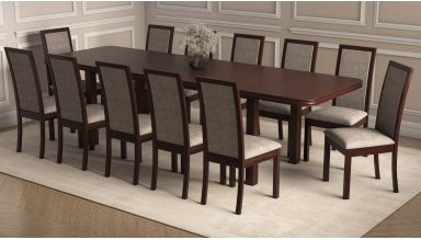 Set masa extensibila 160/240x90 cm MB-13 Venus8 cu 12 scaune tapitate Roma4 O 25b, nuc, lemn masiv de fag, MDF, stofa