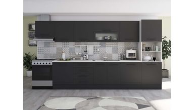 Bucatarie Alfa 380, wenge, blat termic alb, corp hota, soldat