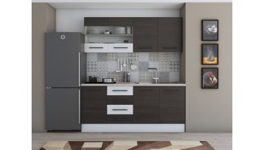 Bucatarie Alfa 180, Cu vitrina, Wenge/Alb, Blat termic travertin