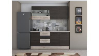 Bucatarie Alfa 180, Cu vitrina, Wenge/Sonoma, Blat termic travertin