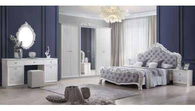 Dormitor Brigitte, alb, pat 160x200 cm, dulap cu 6 usi, comoda, 2 noptiere