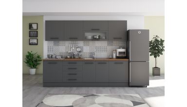 Bucatarie Alfa 260, Cu vitrina, Gri, Blat termic nuc