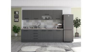 Bucatarie Alfa 260, Cu vitrina, Gri, Blat termic travertin