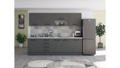 Bucatarie Alfa 260, Cu vitrina, Gri, Blat termic alb