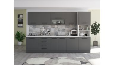 Bucatarie Alfa 320, gri, blat termic alb, corp pentru cuptor incorporabil