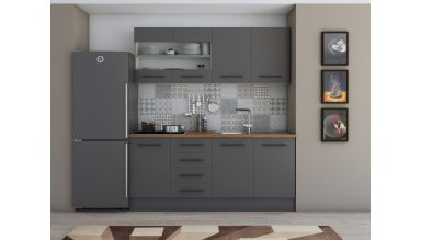 Bucatarie Alfa 180, Cu vitrina, Gri, Blat termic nuc