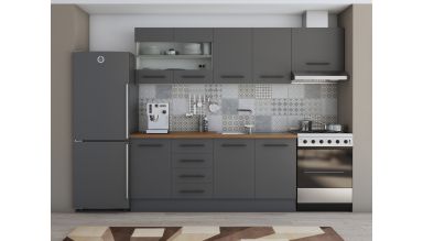 Bucatarie Alfa 240, Corp hota, Cu vitrina, Gri, Blat termic nuc