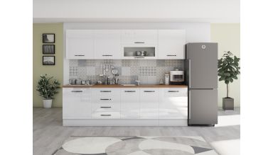 Bucatarie Alfa 260, Cu vitrina, Alb lucios, Blat termic nuc