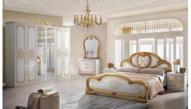 Dormitor Clarissa, alb/auriu, pat 160x200 cm, dulap cu 6 usi, comoda, 2 noptiere