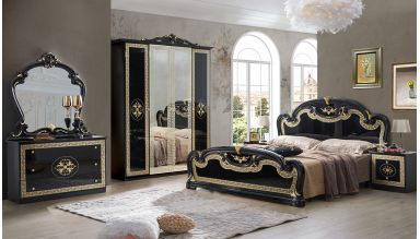 Dormitor Paloma, negru, pat 160x200 cm, dulap cu 6 usi, comoda, 2 noptiere